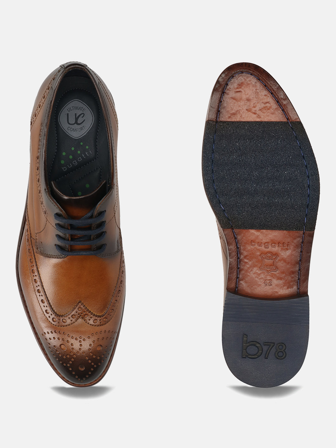 Men's Bugatti derby cognac leather shoes with a round toe and wing tip featuring a stacked heel , a leather outsole , and laces fastening.