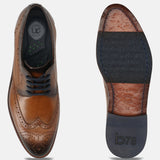 Men's Bugatti derby cognac leather shoes with a round toe and wing tip featuring a stacked heel , a leather outsole , and laces fastening.