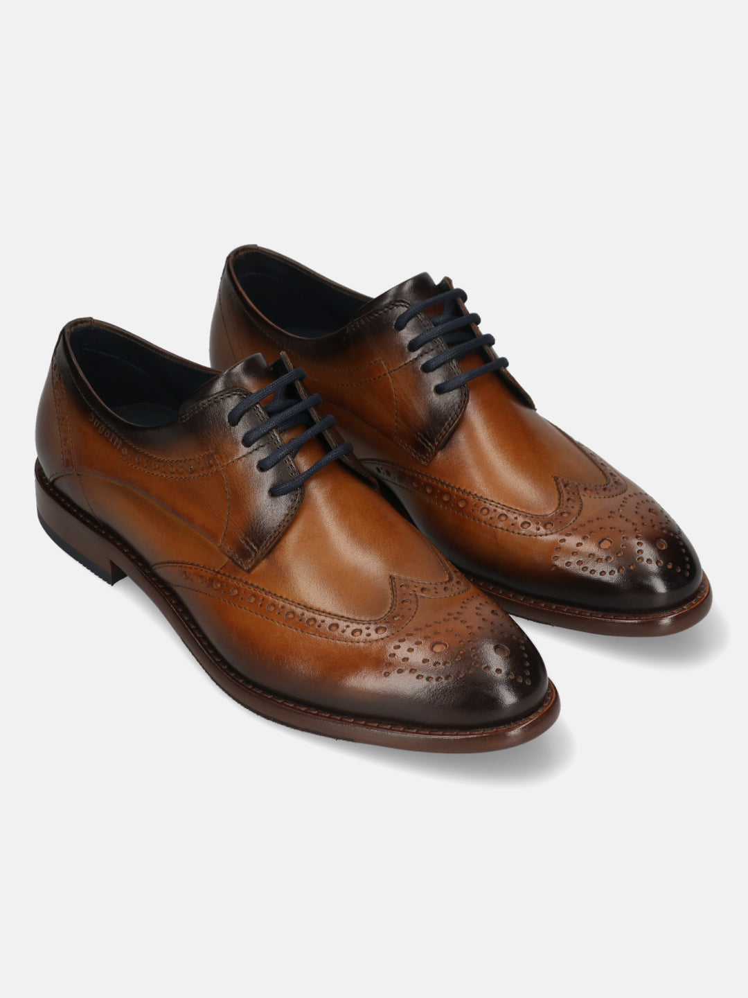 Men's Bugatti derby cognac leather shoes with a round toe and wing tip featuring a stacked heel , a leather outsole , and laces fastening.