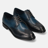 Men's Bugatti derby blue leather shoes with a round toe and wing tip featuring a stacked heel , a leather outsole , and laces fastening.