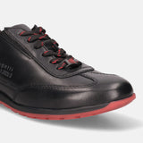 A black Men's bugatti Sneakers featuring a round plain toe, zero heels heel. Made from premium genuine leather with a durable tr outsole, this laces design offers both style and comfort.