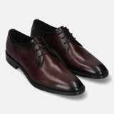 Men's Bugatti derby red leather shoes with a pointed toe and plain toe featuring a stacked heel , a leather outsole , and laces fastening.