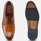 Men's Bugatti derby cognac leather shoes with a pointed toe and plain toe featuring a stacked heel , a leather outsole , and laces fastening.