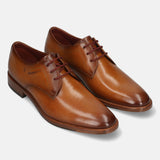 Men's Bugatti derby cognac leather shoes with a pointed toe and plain toe featuring a stacked heel , a leather outsole , and laces fastening.