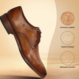 Men's Bugatti derby cognac leather shoes with a pointed toe and plain toe featuring a stacked heel , a leather outsole , and laces fastening.