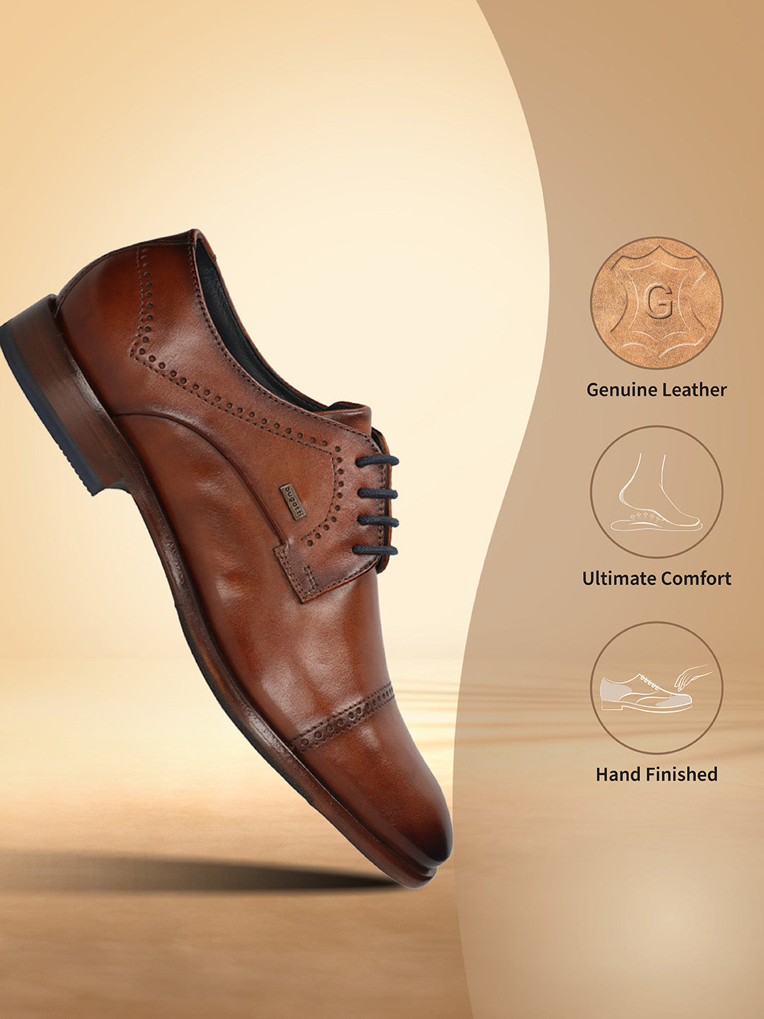 A cognac Men's bugatti Derby featuring a round toe cap toe, stacked heel. Made from premium genuine leather with a durable leather outsole, this laces design offers both style and comfort.
