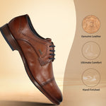 A cognac Men's bugatti Derby featuring a round toe cap toe, stacked heel. Made from premium genuine leather with a durable leather outsole, this laces design offers both style and comfort.
