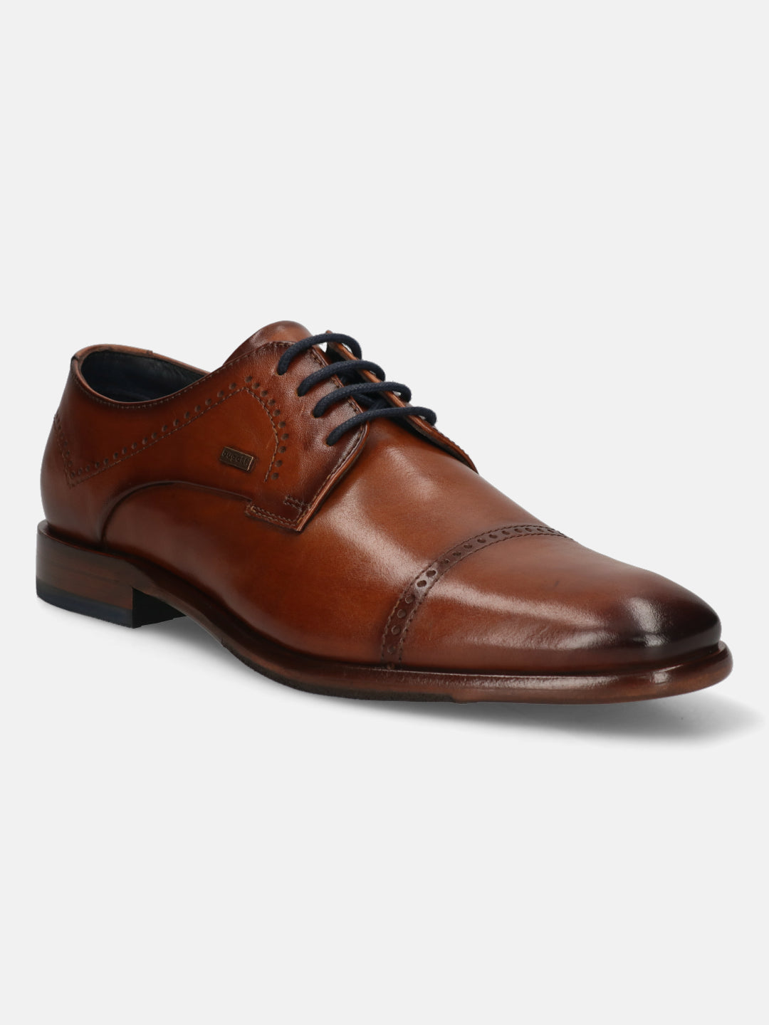 A cognac Men's bugatti Derby featuring a round toe cap toe, stacked heel. Made from premium genuine leather with a durable leather outsole, this laces design offers both style and comfort.