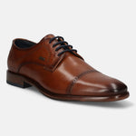 A cognac Men's bugatti Derby featuring a round toe cap toe, stacked heel. Made from premium genuine leather with a durable leather outsole, this laces design offers both style and comfort.