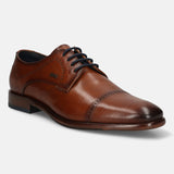 A cognac Men's bugatti Derby featuring a round toe cap toe, stacked heel. Made from premium genuine leather with a durable leather outsole, this laces design offers both style and comfort.