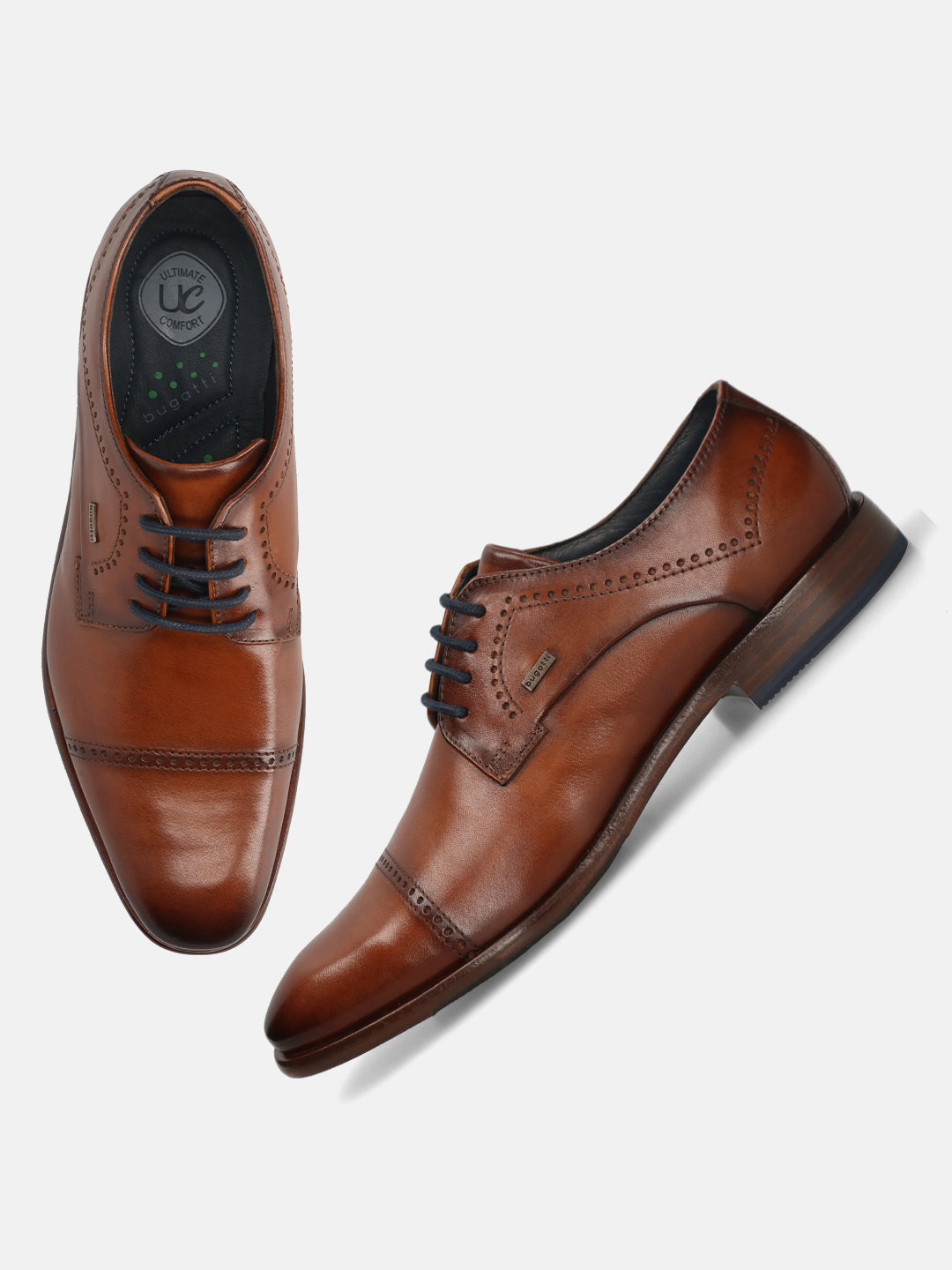 A cognac Men's bugatti Derby featuring a round toe cap toe, stacked heel. Made from premium genuine leather with a durable leather outsole, this laces design offers both style and comfort.