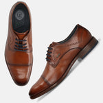 A cognac Men's bugatti Derby featuring a round toe cap toe, stacked heel. Made from premium genuine leather with a durable leather outsole, this laces design offers both style and comfort.