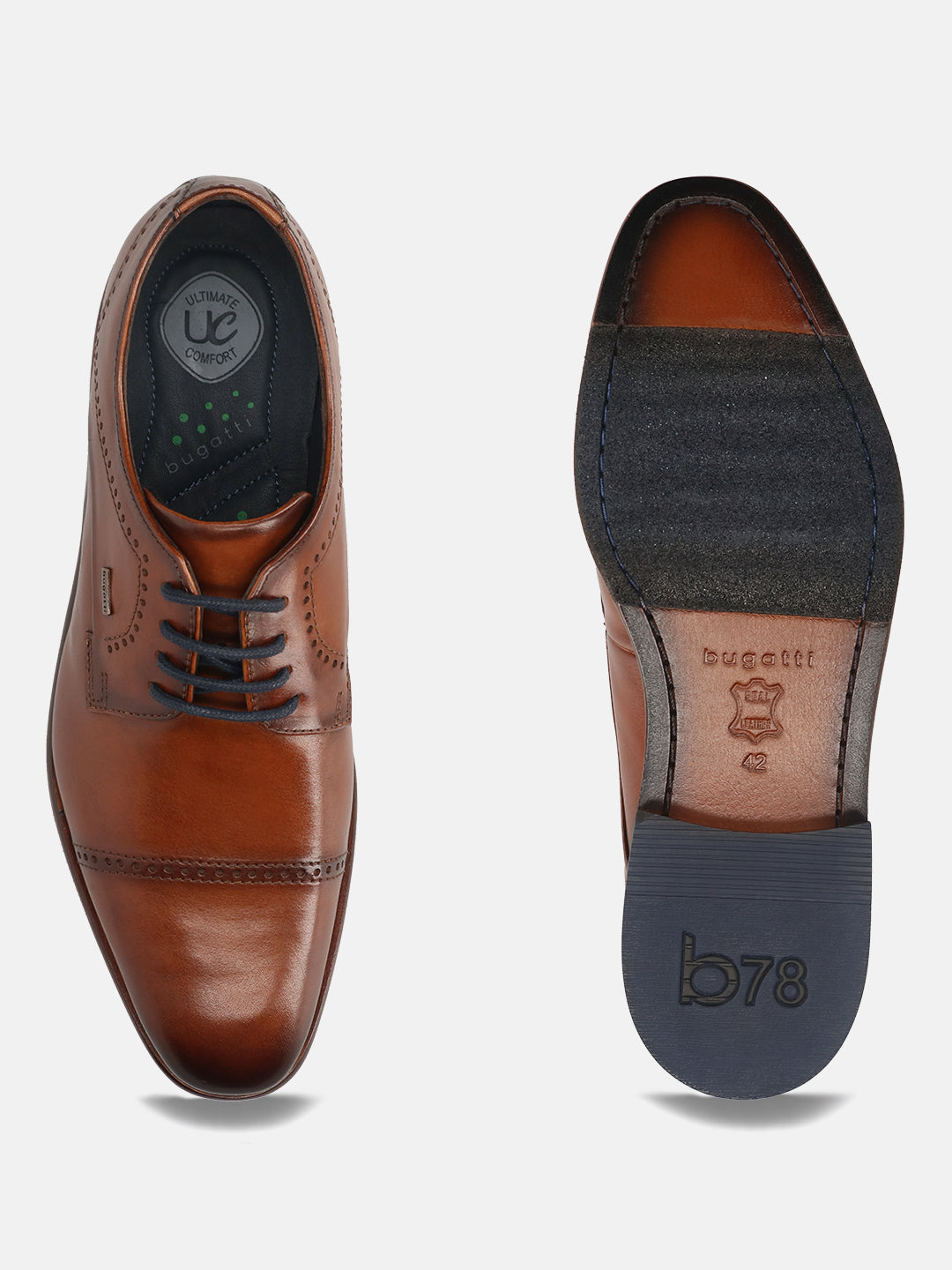 A cognac Men's bugatti Derby featuring a round toe cap toe, stacked heel. Made from premium genuine leather with a durable leather outsole, this laces design offers both style and comfort.