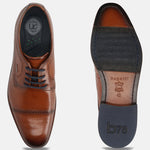 A cognac Men's bugatti Derby featuring a round toe cap toe, stacked heel. Made from premium genuine leather with a durable leather outsole, this laces design offers both style and comfort.