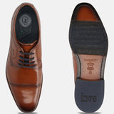A cognac Men's bugatti Derby featuring a round toe cap toe, stacked heel. Made from premium genuine leather with a durable leather outsole, this laces design offers both style and comfort.
