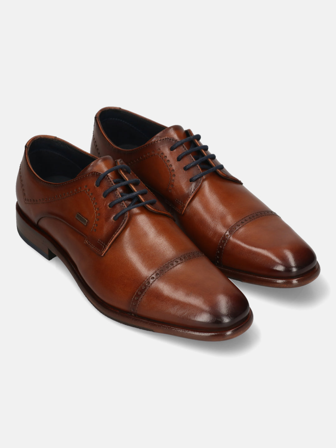 A cognac Men's bugatti Derby featuring a round toe cap toe, stacked heel. Made from premium genuine leather with a durable leather outsole, this laces design offers both style and comfort.