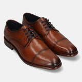 A cognac Men's bugatti Derby featuring a round toe cap toe, stacked heel. Made from premium genuine leather with a durable leather outsole, this laces design offers both style and comfort.