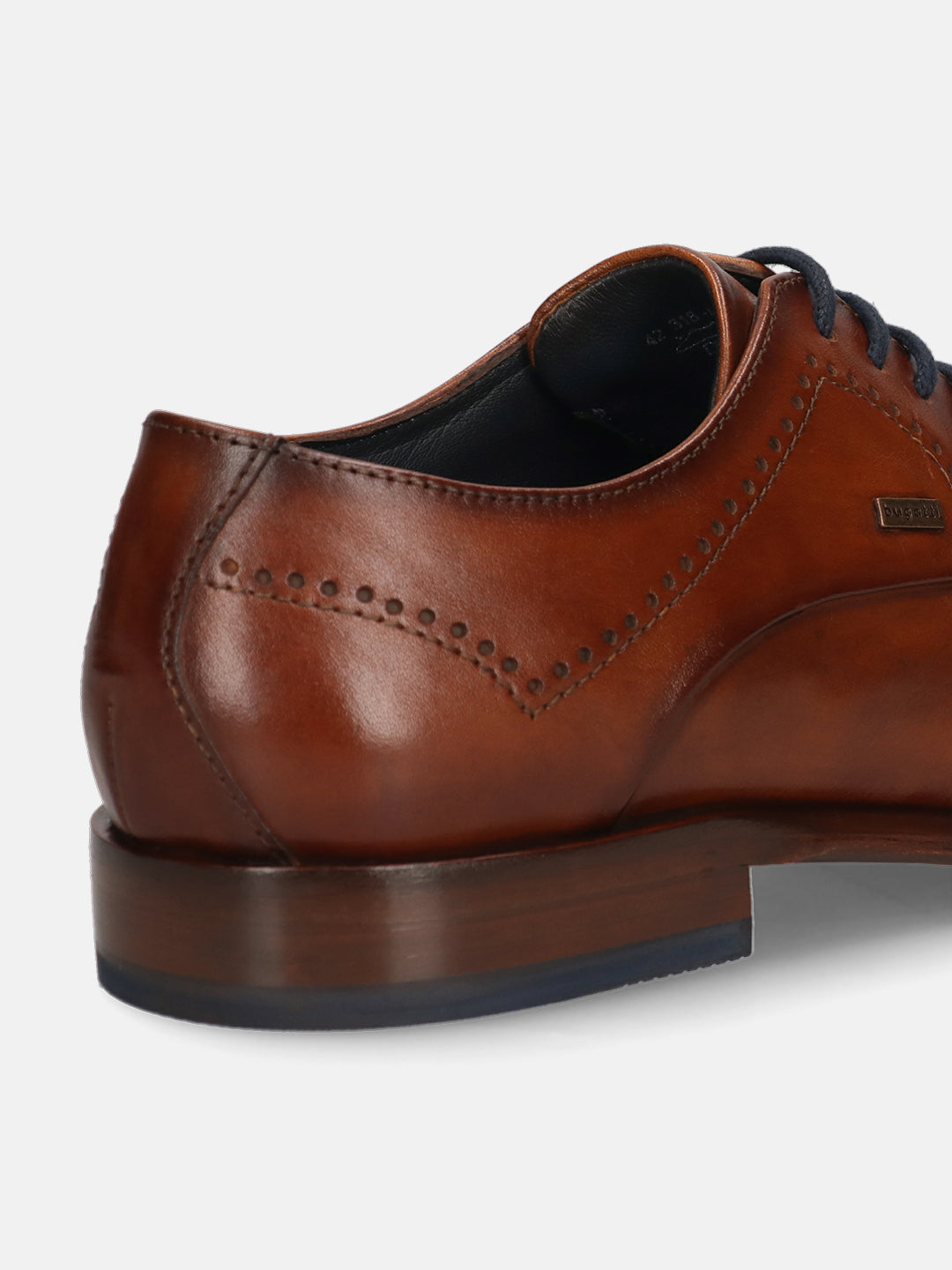 A cognac Men's bugatti Derby featuring a round toe cap toe, stacked heel. Made from premium genuine leather with a durable leather outsole, this laces design offers both style and comfort.