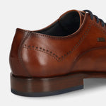 A cognac Men's bugatti Derby featuring a round toe cap toe, stacked heel. Made from premium genuine leather with a durable leather outsole, this laces design offers both style and comfort.