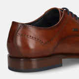 A cognac Men's bugatti Derby featuring a round toe cap toe, stacked heel. Made from premium genuine leather with a durable leather outsole, this laces design offers both style and comfort.