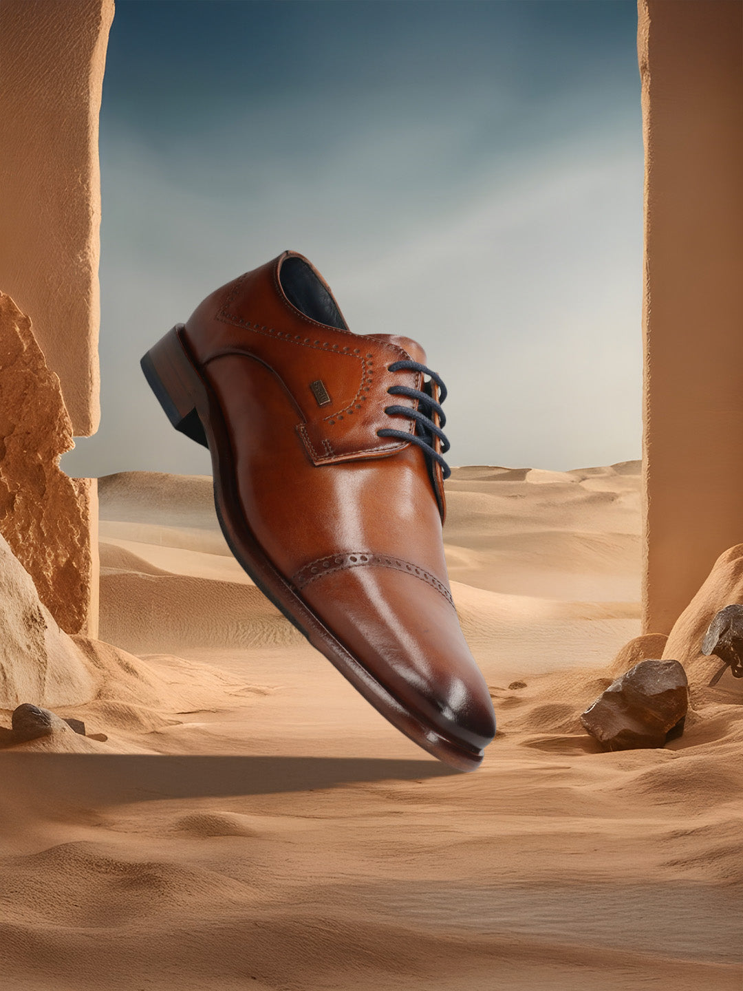 A cognac Men's bugatti Derby featuring a round toe cap toe, stacked heel. Made from premium genuine leather with a durable leather outsole, this laces design offers both style and comfort.