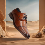 A cognac Men's bugatti Derby featuring a round toe cap toe, stacked heel. Made from premium genuine leather with a durable leather outsole, this laces design offers both style and comfort.