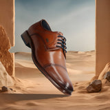 A cognac Men's bugatti Derby featuring a round toe cap toe, stacked heel. Made from premium genuine leather with a durable leather outsole, this laces design offers both style and comfort.
