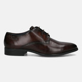 A brown Men's bugatti Derby featuring a pointed toe plain toe, stacked heel. Made from premium genuine leather with a durable tpr outsole, this laces design offers both style and comfort.