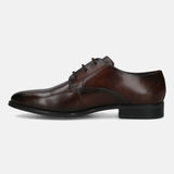 A brown Men's bugatti Derby featuring a pointed toe plain toe, stacked heel. Made from premium genuine leather with a durable tpr outsole, this laces design offers both style and comfort.