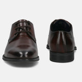 A brown Men's bugatti Derby featuring a pointed toe plain toe, stacked heel. Made from premium genuine leather with a durable tpr outsole, this laces design offers both style and comfort.