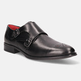 A black Men's bugatti Monk Shoe featuring a pointed plain toe, moulded heel. Made from premium genuine leather with a durable tr outsole, this slip-on design offers both style and comfort.