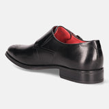A black Men's bugatti Monk Shoe featuring a pointed plain toe, moulded heel. Made from premium genuine leather with a durable tr outsole, this slip-on design offers both style and comfort.
