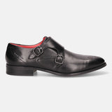 A black Men's bugatti Monk Shoe featuring a pointed plain toe, moulded heel. Made from premium genuine leather with a durable tr outsole, this slip-on design offers both style and comfort.