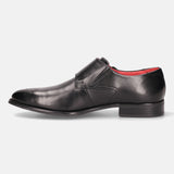 A black Men's bugatti Monk Shoe featuring a pointed plain toe, moulded heel. Made from premium genuine leather with a durable tr outsole, this slip-on design offers both style and comfort.