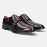 A black Men's bugatti Monk Shoe featuring a pointed plain toe, moulded heel. Made from premium genuine leather with a durable tr outsole, this slip-on design offers both style and comfort.