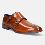 A cognac Men's bugatti Monk Shoe featuring a pointed plain toe, moulded heel. Made from premium genuine leather with a durable tr outsole, this slip-on design offers both style and comfort.