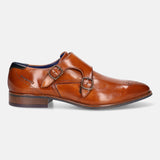 A cognac Men's bugatti Monk Shoe featuring a pointed plain toe, moulded heel. Made from premium genuine leather with a durable tr outsole, this slip-on design offers both style and comfort.
