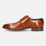 A cognac Men's bugatti Monk Shoe featuring a pointed plain toe, moulded heel. Made from premium genuine leather with a durable tr outsole, this slip-on design offers both style and comfort.