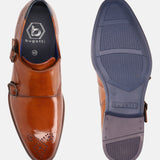 A cognac Men's bugatti Monk Shoe featuring a pointed plain toe, moulded heel. Made from premium genuine leather with a durable tr outsole, this slip-on design offers both style and comfort.