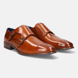 A cognac Men's bugatti Monk Shoe featuring a pointed plain toe, moulded heel. Made from premium genuine leather with a durable tr outsole, this slip-on design offers both style and comfort.