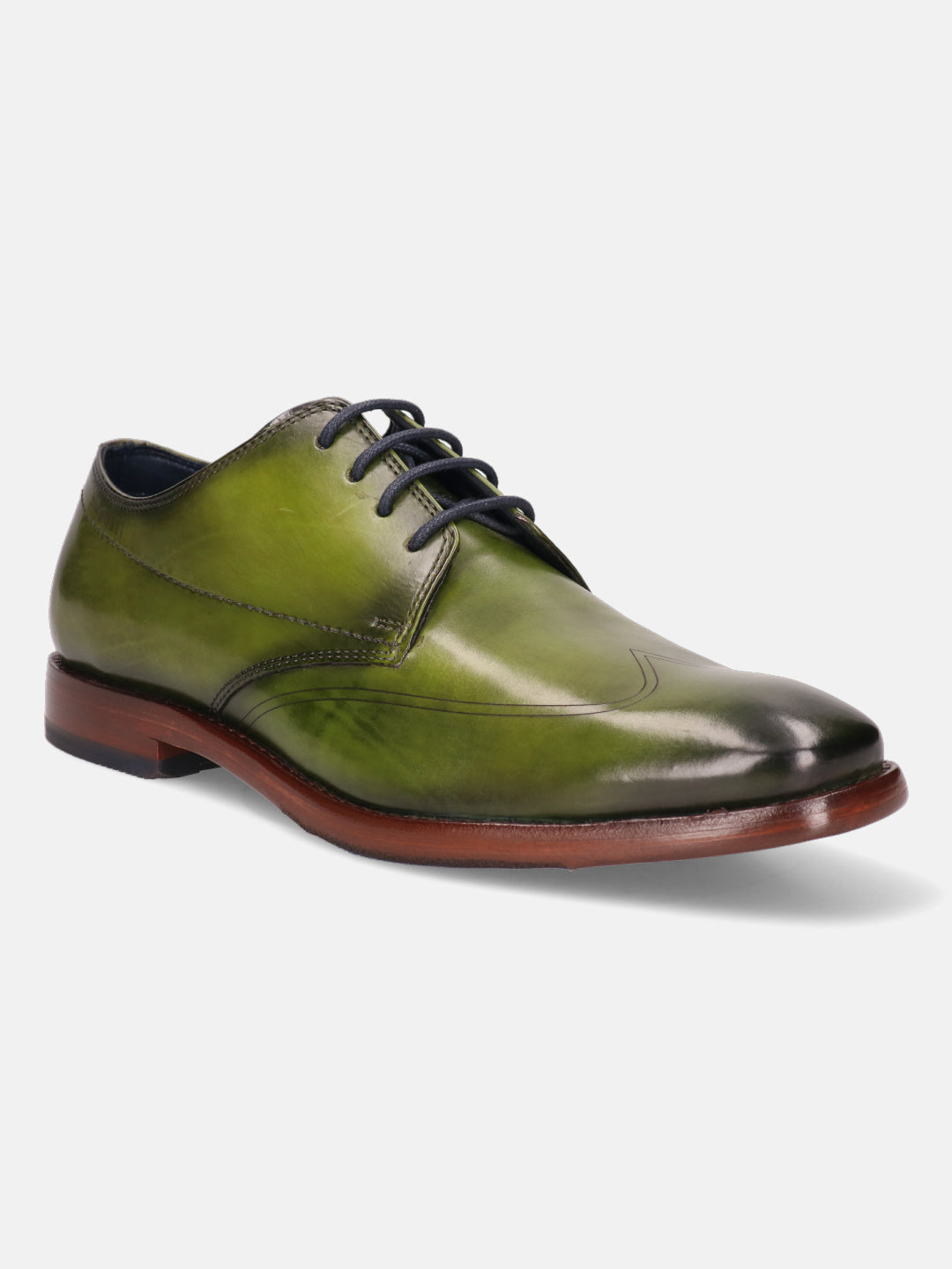 A green Men's bugatti Derby featuring a chisel wing tip, stacked heel. Made from premium genuine leather with a durable leather outsole, this laces design offers both style and comfort.