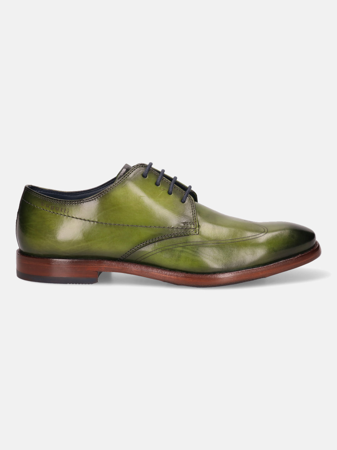 A green Men's bugatti Derby featuring a chisel wing tip, stacked heel. Made from premium genuine leather with a durable leather outsole, this laces design offers both style and comfort.