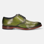 A green Men's bugatti Derby featuring a chisel wing tip, stacked heel. Made from premium genuine leather with a durable leather outsole, this laces design offers both style and comfort.