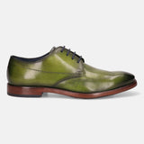 A green Men's bugatti Derby featuring a chisel wing tip, stacked heel. Made from premium genuine leather with a durable leather outsole, this laces design offers both style and comfort.