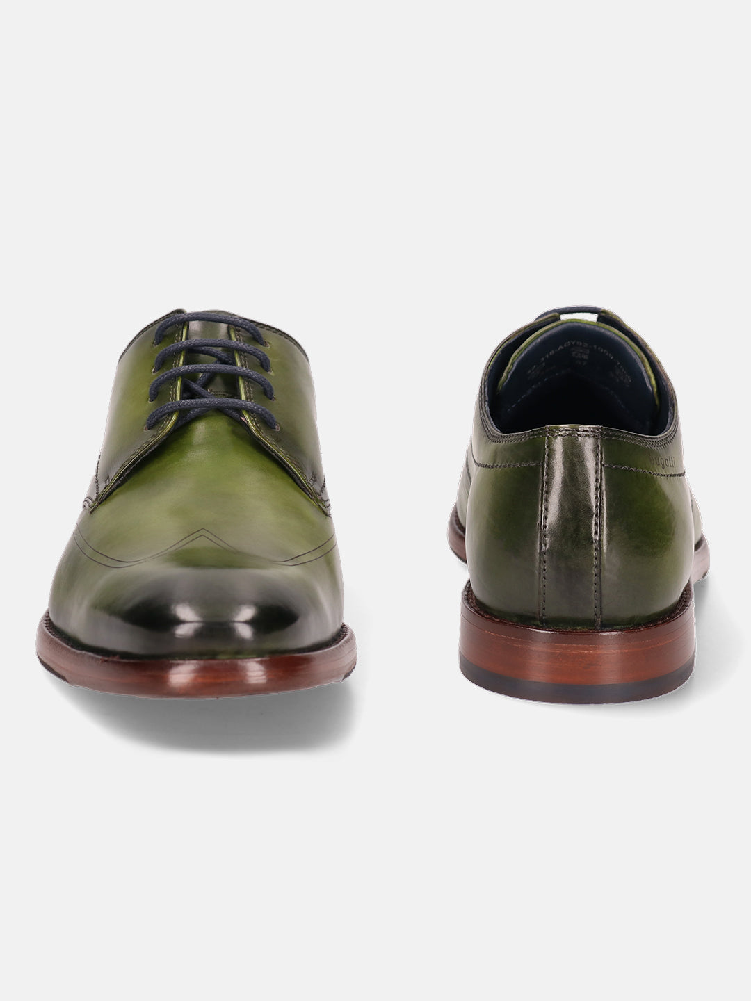 A green Men's bugatti Derby featuring a chisel wing tip, stacked heel. Made from premium genuine leather with a durable leather outsole, this laces design offers both style and comfort.