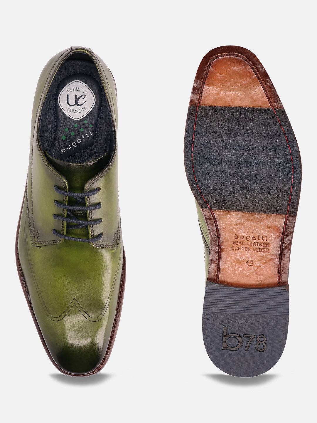 A green Men's bugatti Derby featuring a chisel wing tip, stacked heel. Made from premium genuine leather with a durable leather outsole, this laces design offers both style and comfort.