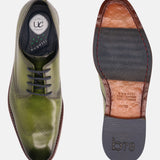 A green Men's bugatti Derby featuring a chisel wing tip, stacked heel. Made from premium genuine leather with a durable leather outsole, this laces design offers both style and comfort.