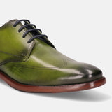 A green Men's bugatti Derby featuring a chisel wing tip, stacked heel. Made from premium genuine leather with a durable leather outsole, this laces design offers both style and comfort.