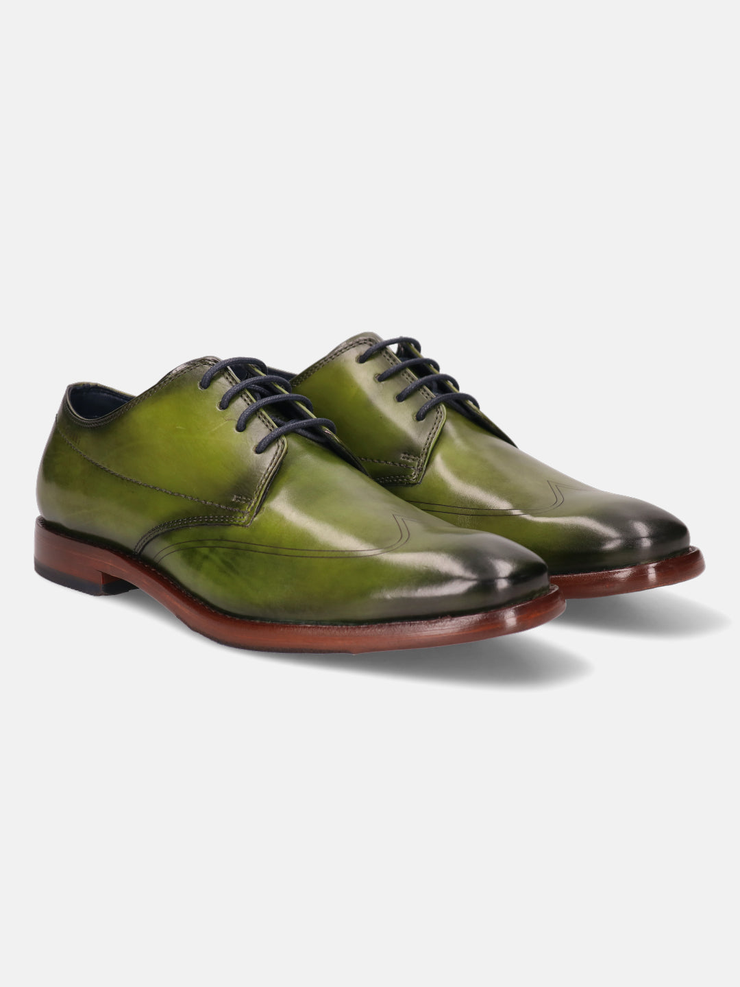 A green Men's bugatti Derby featuring a chisel wing tip, stacked heel. Made from premium genuine leather with a durable leather outsole, this laces design offers both style and comfort.