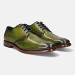 A green Men's bugatti Derby featuring a chisel wing tip, stacked heel. Made from premium genuine leather with a durable leather outsole, this laces design offers both style and comfort.